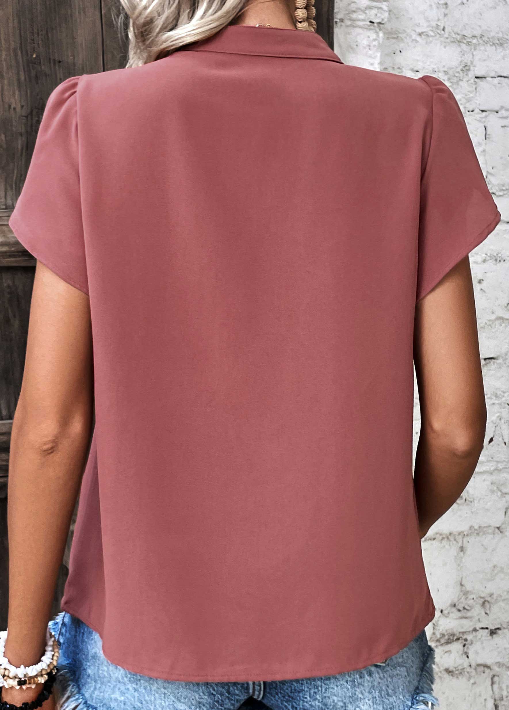 Dark Reddish Purple tops,Plain Color tops,Patchwork Dark Reddish Purple Split Neck Blouse