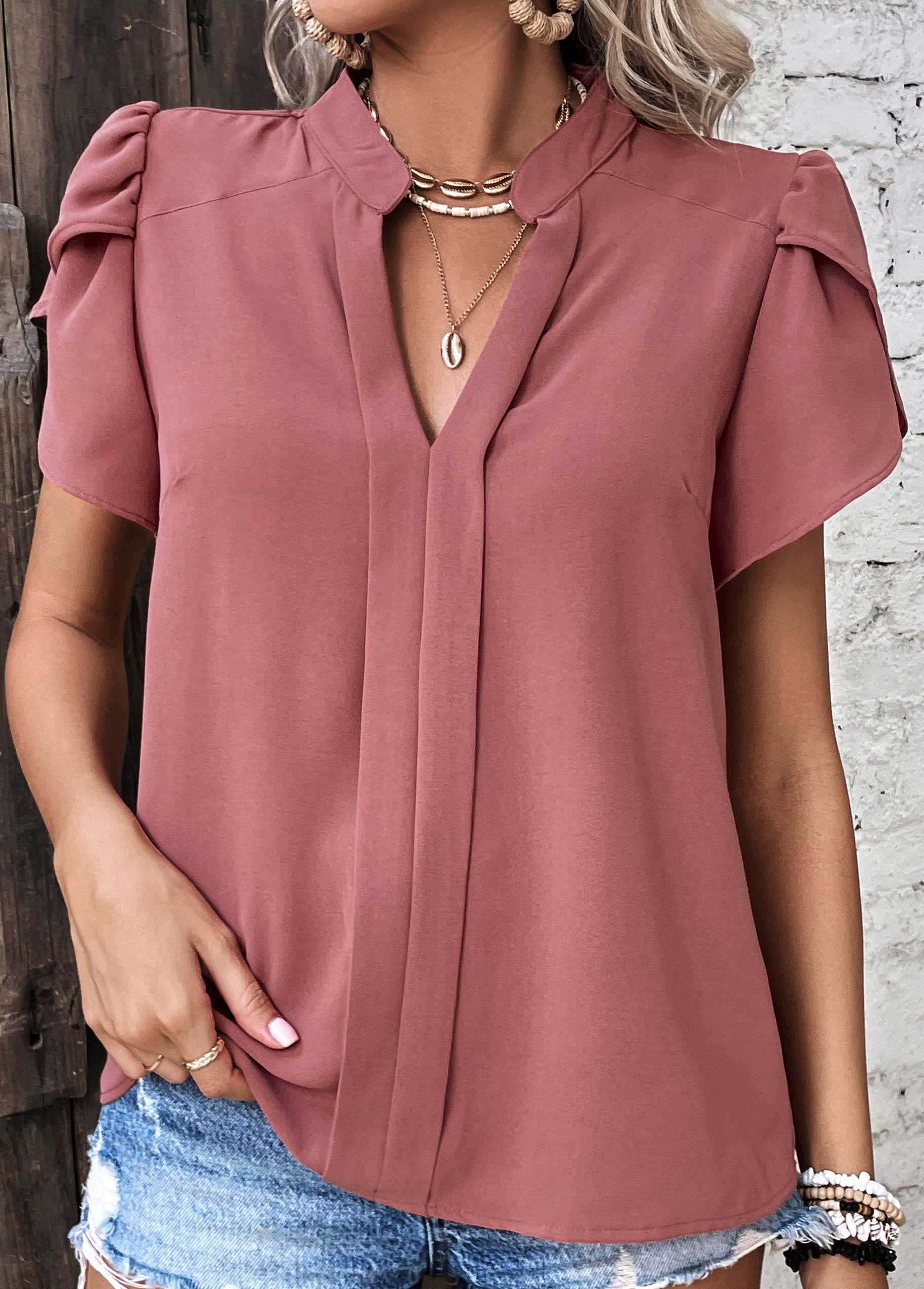 Dark Reddish Purple tops,Plain Color tops,Patchwork Dark Reddish Purple Split Neck Blouse