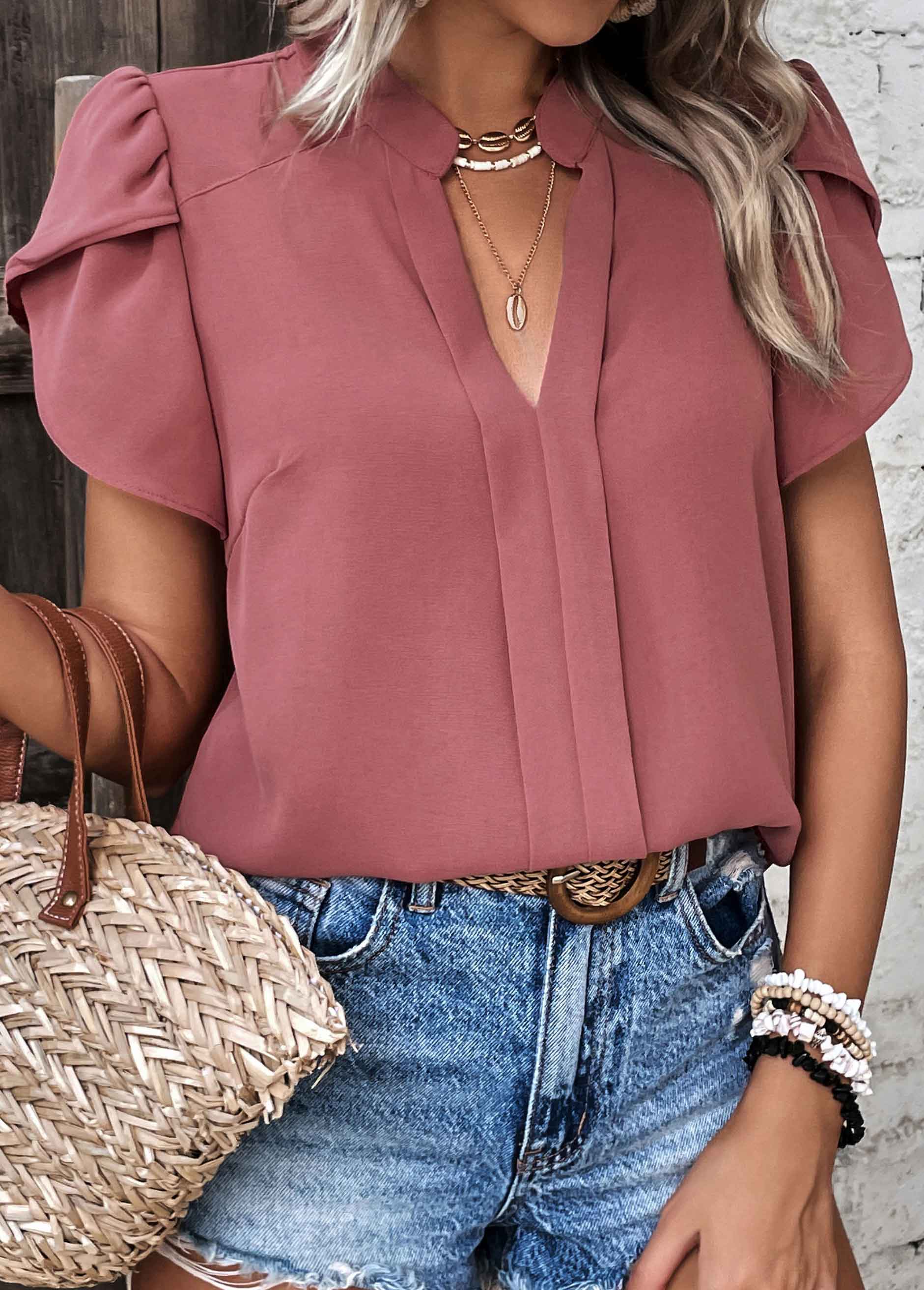 Dark Reddish Purple tops,Plain Color tops,Patchwork Dark Reddish Purple Split Neck Blouse