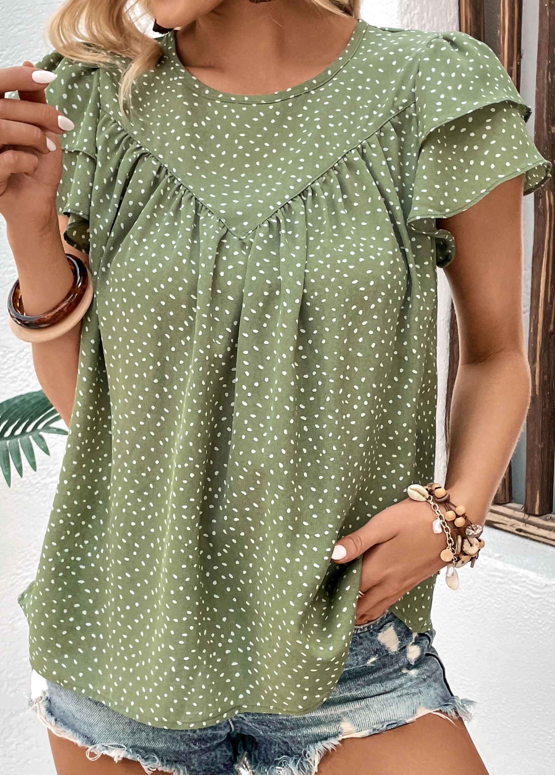 Green tops,Dot tops,Button Polka Dot Green Round Neck Blouse