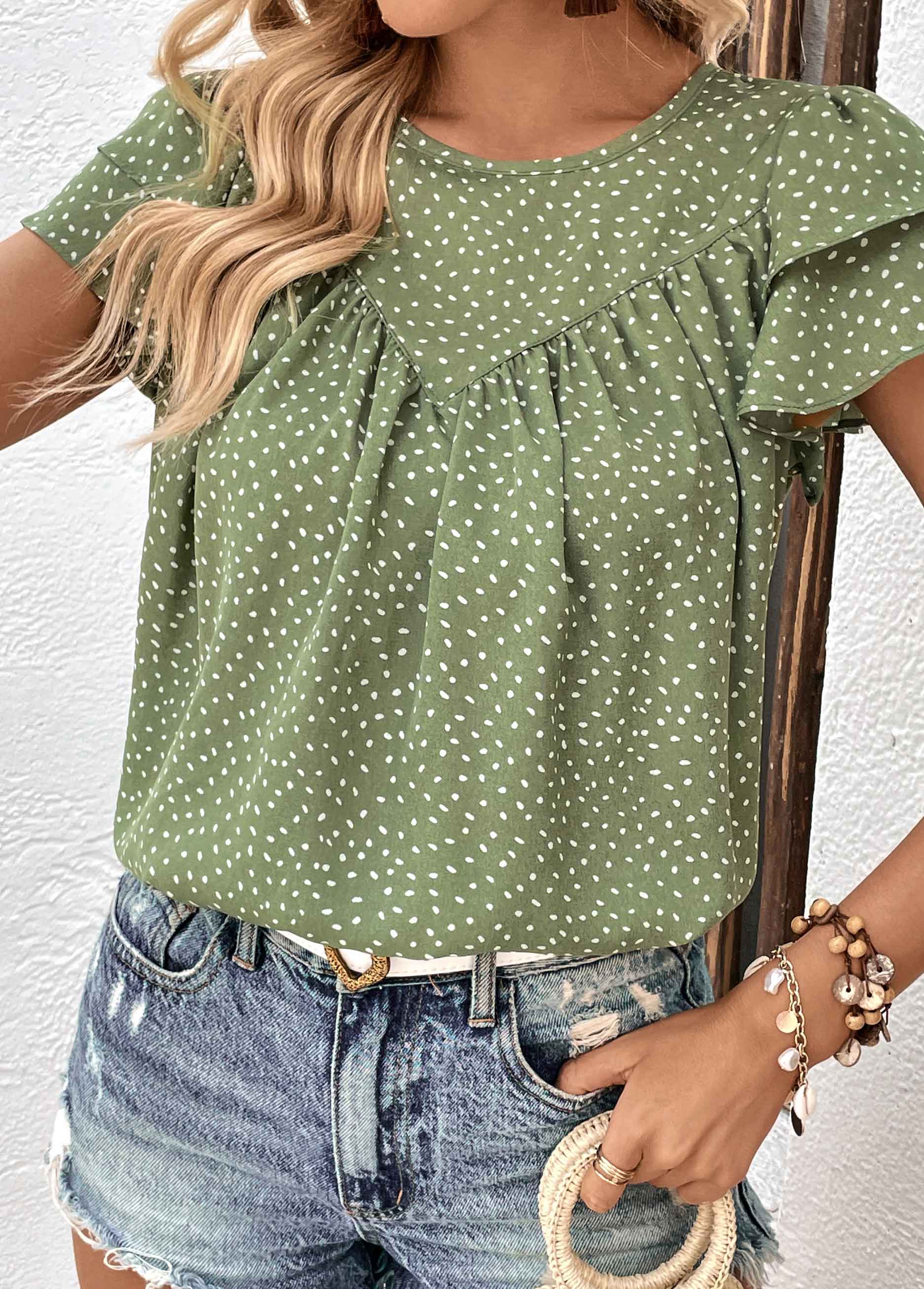 Green tops,Dot tops,Button Polka Dot Green Round Neck Blouse