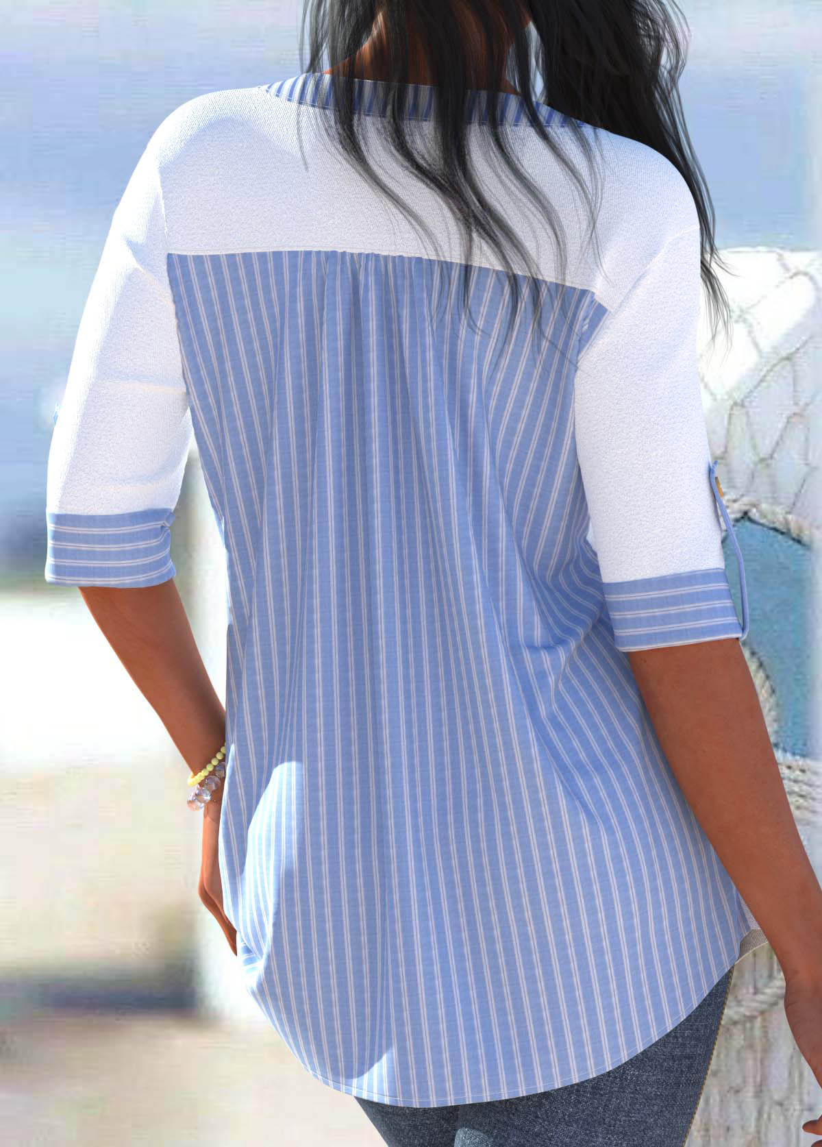 Light Blue plus size,Striped plus size,Geometric plus size,ROTITA Plus Size Pocket Light Blue Striped Blouse