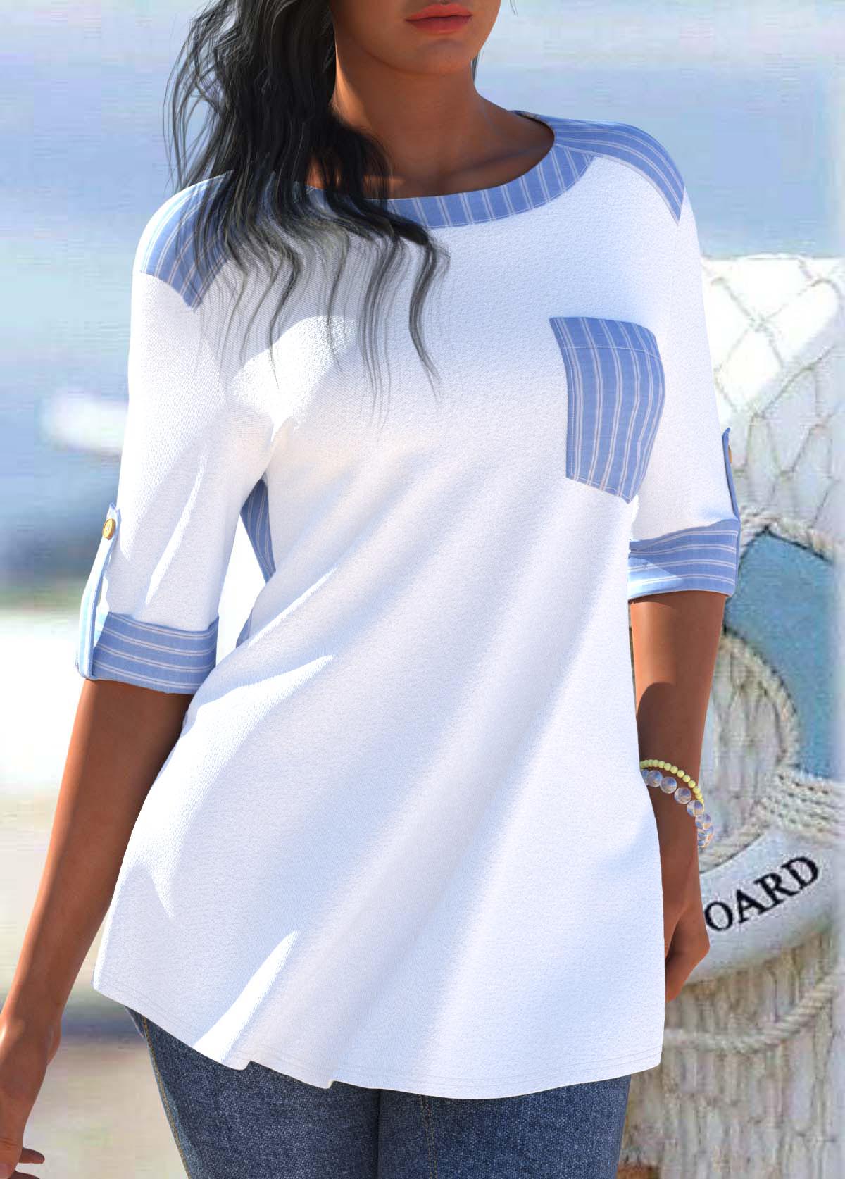 Light Blue plus size,Striped plus size,Geometric plus size,ROTITA Plus Size Pocket Light Blue Striped Blouse