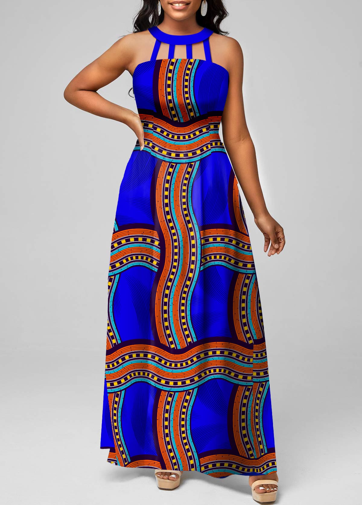 Royal Blue plus size,Tribal plus size,Striped plus size,ROTITA Plus Size Cage Neck Royal Blue Tribal Print Dress