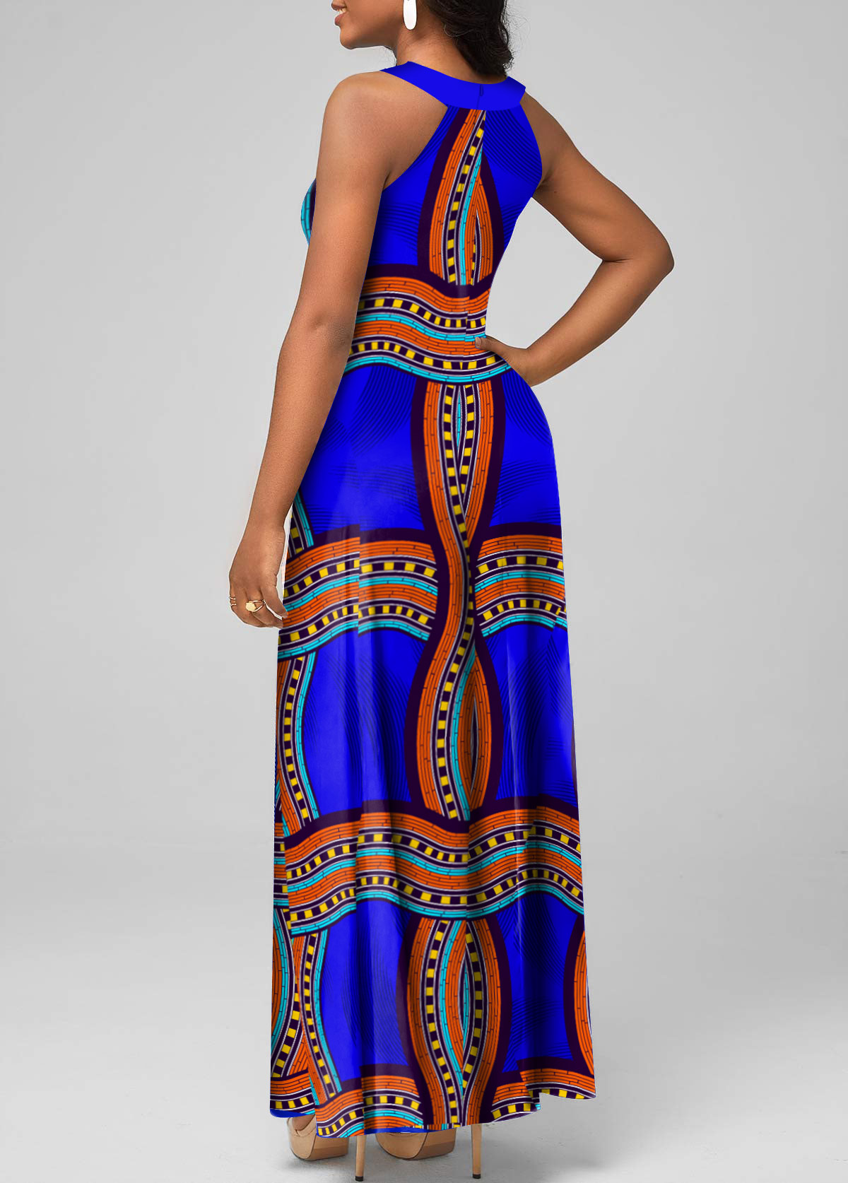 Royal Blue plus size,Tribal plus size,Striped plus size,ROTITA Plus Size Cage Neck Royal Blue Tribal Print Dress