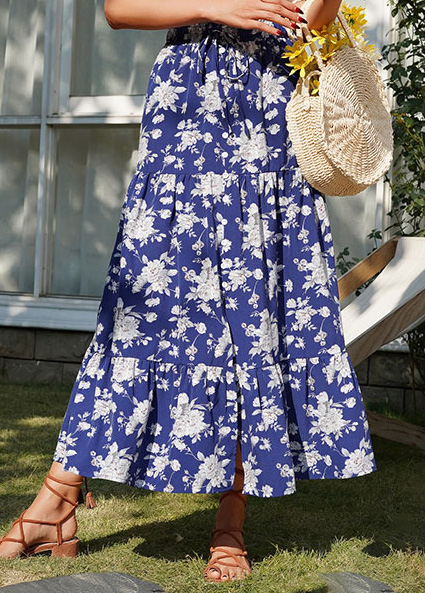 Dark Blue bottoms,Floral bottoms,Split Floral Print Dark Blue Elastic Waist Skirt
