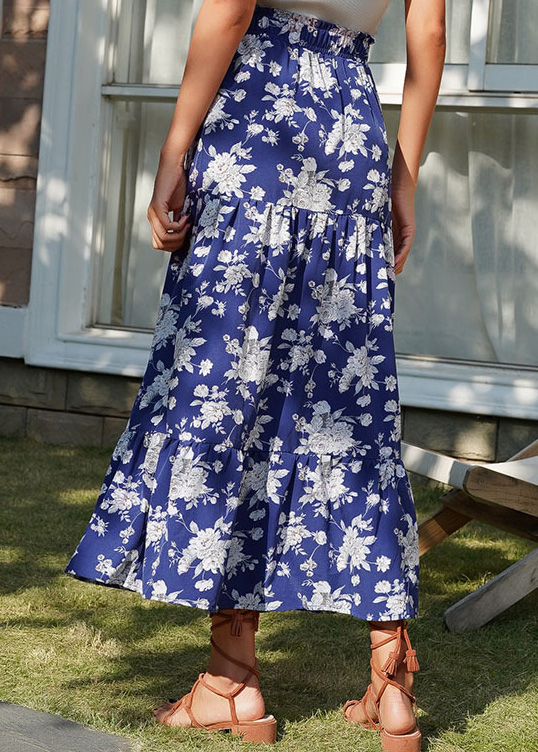 Dark Blue bottoms,Floral bottoms,Split Floral Print Dark Blue Elastic Waist Skirt