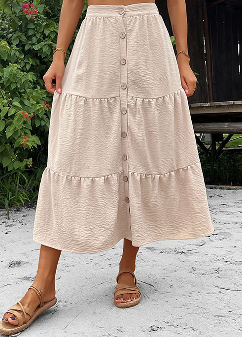 Beige bottoms,Plain Color bottoms,Button Beige Elastic Waist A Line Skirt