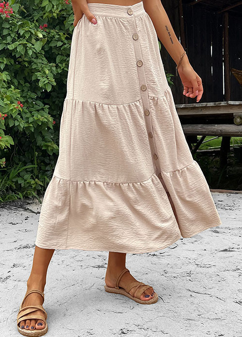 Beige bottoms,Plain Color bottoms,Button Beige Elastic Waist A Line Skirt