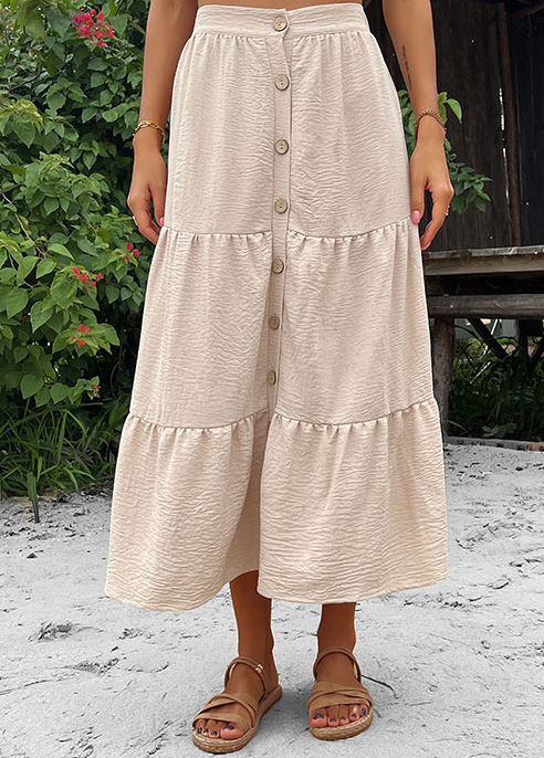 Beige bottoms,Plain Color bottoms,Button Beige Elastic Waist A Line Skirt