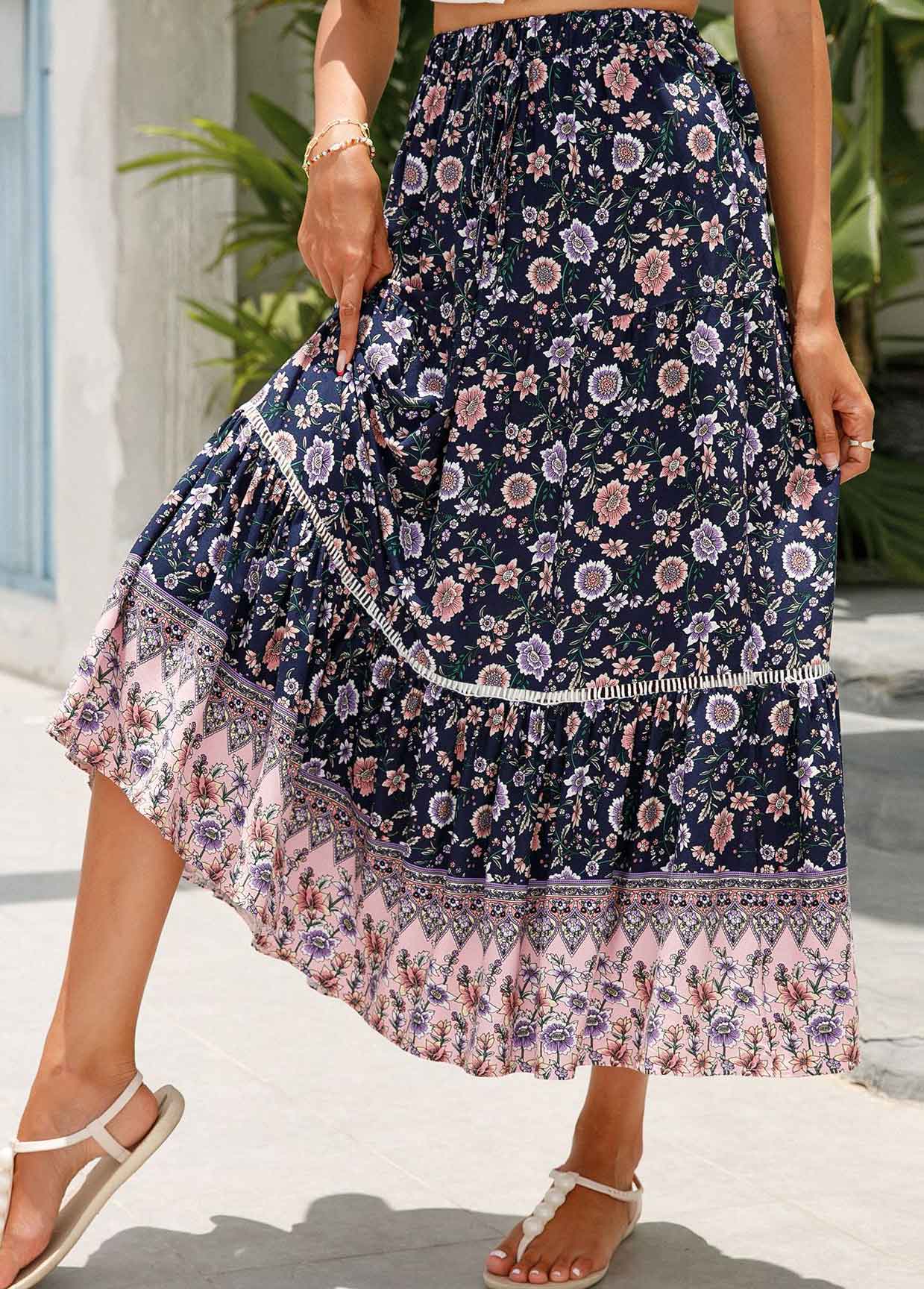 Patchwork Floral Print Multi Color Maxi Skirt