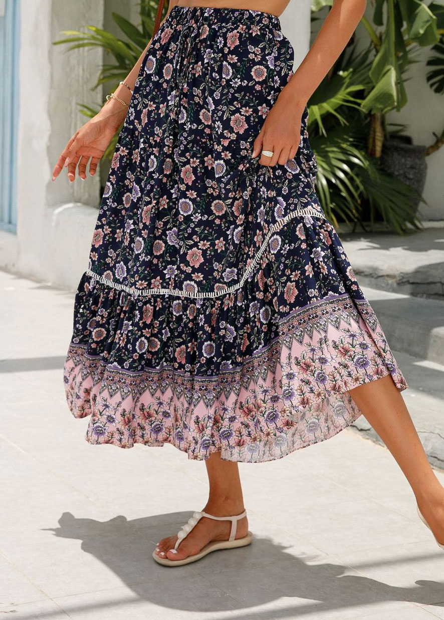 Multi Color bottoms,Floral bottoms,Striped bottoms,Patchwork Floral Print Multi Color Maxi Skirt