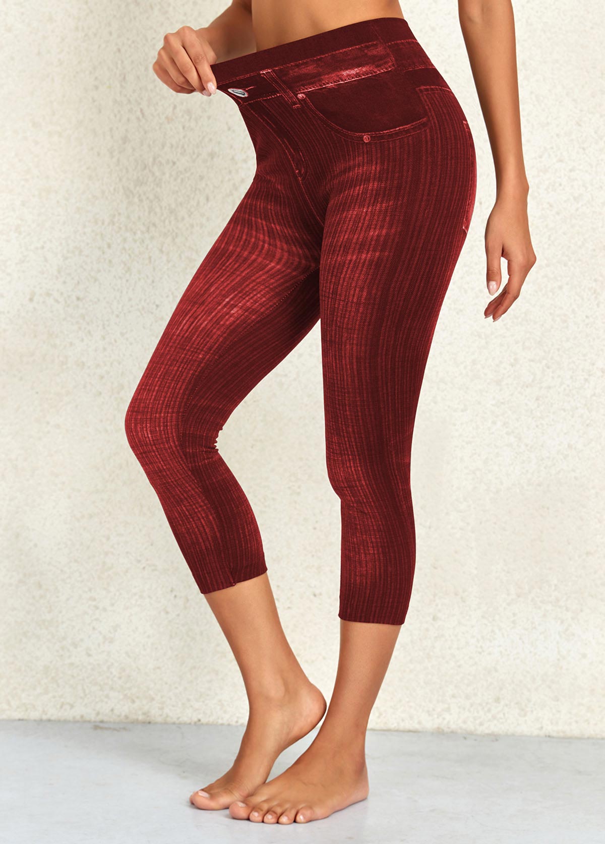 Wine Red High Waisted Elastic Waist Capri Leggings