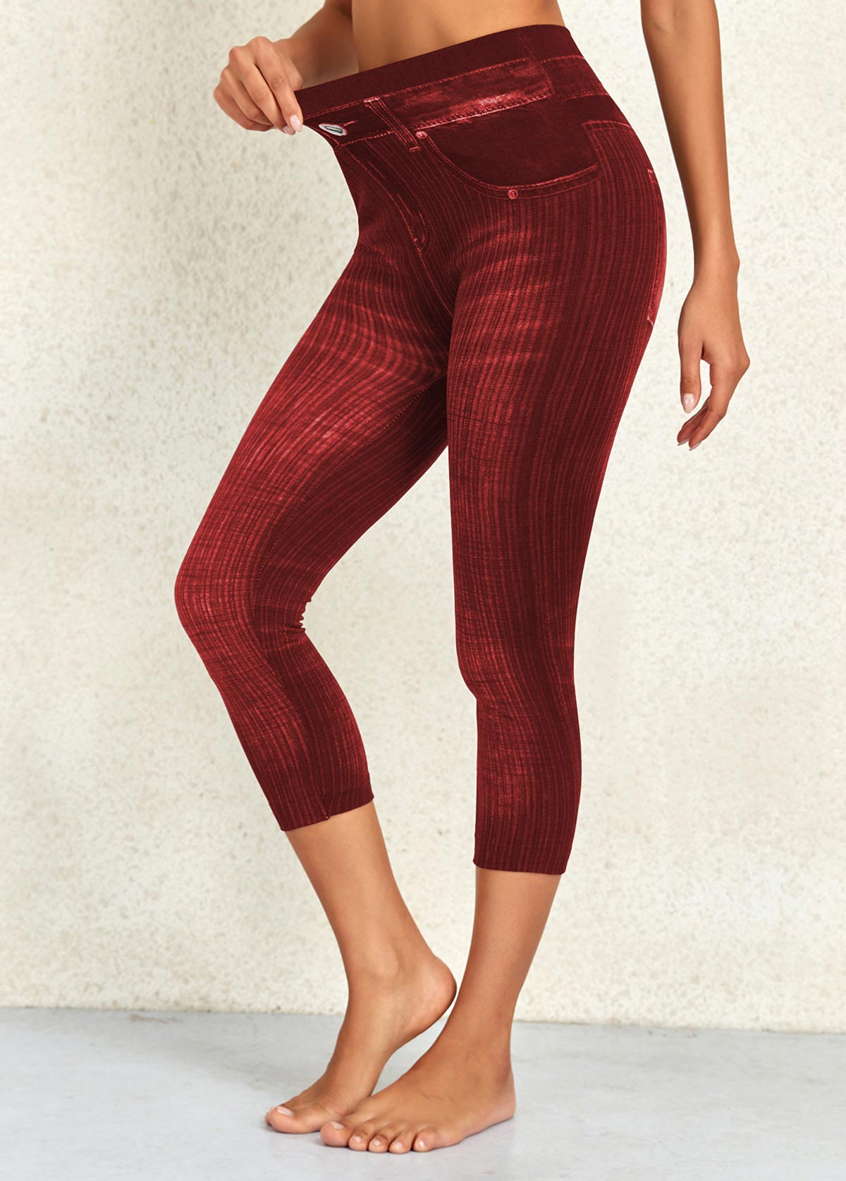 Wine Red bottoms,Plain Color bottoms,Wine Red High Waisted Elastic Waist Capri Leggings