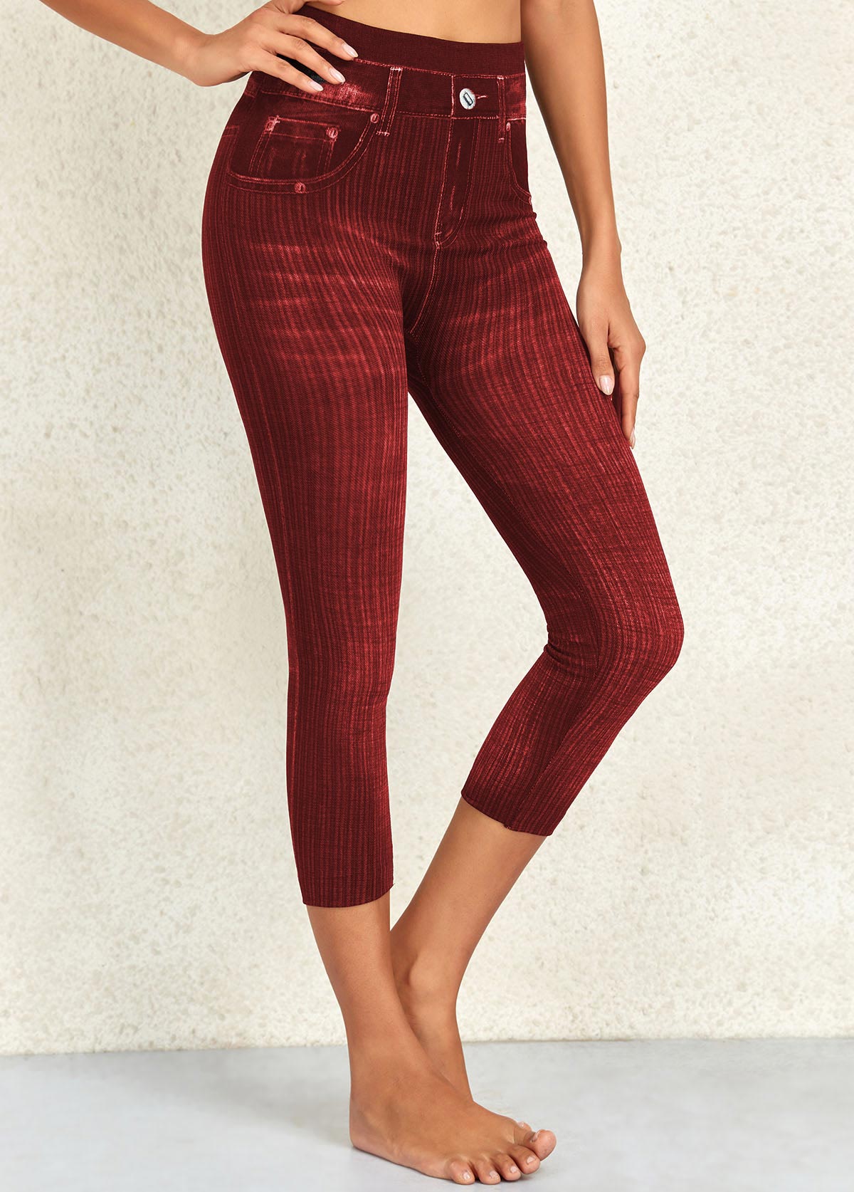 Wine Red bottoms,Plain Color bottoms,Wine Red High Waisted Elastic Waist Capri Leggings