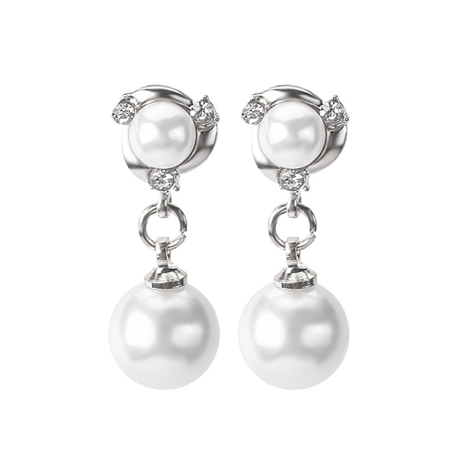 Round Pearl Detail Geometric Pattern Silver Earrings