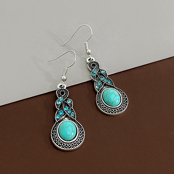 Oval Metal Tribal Design Turquoise Earrings