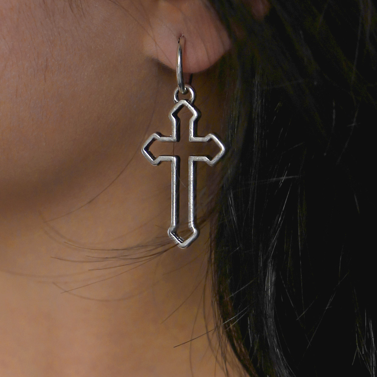 Silver jewelry,Geometric jewelry,Cross Metal Detail Geometric Pattern Silver Earrings