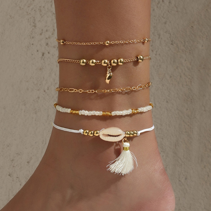 Geometric Pattern Tassel Golden Anklet Set