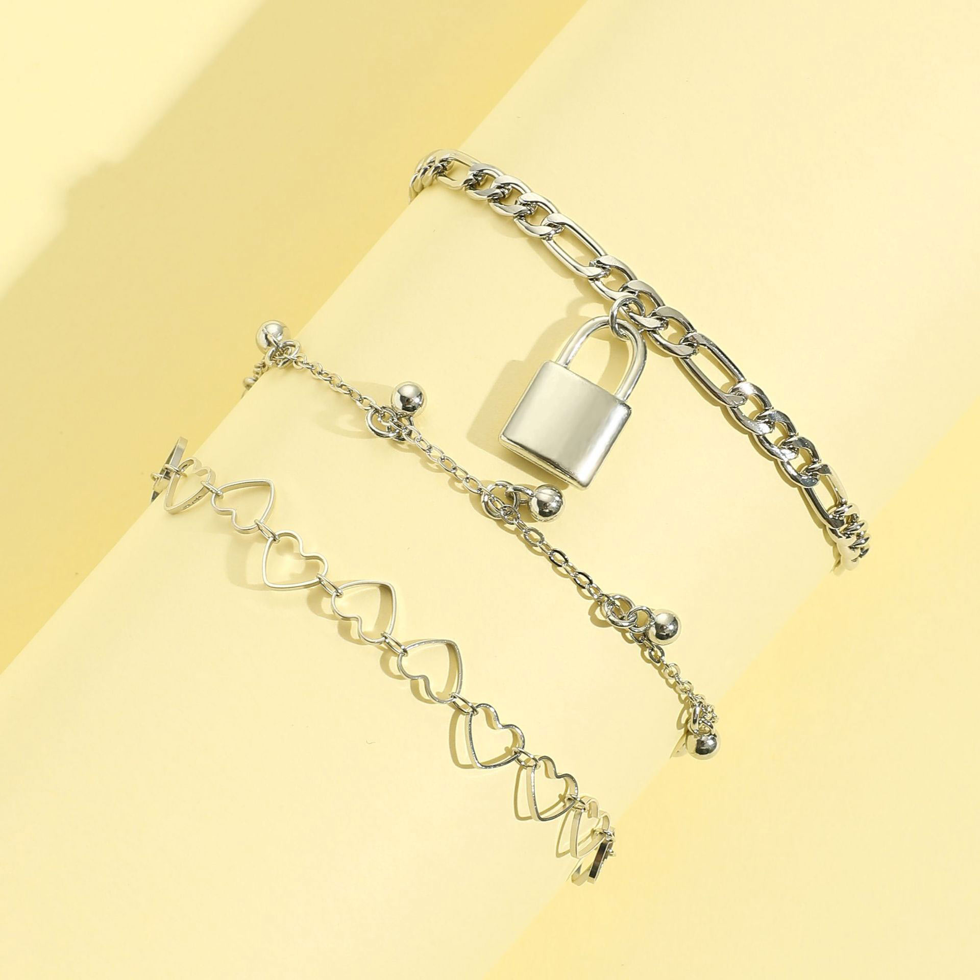 Silver jewelry,Heart jewelry,Geometric jewelry,Heart Geometric Pattern Silver Anklet Set