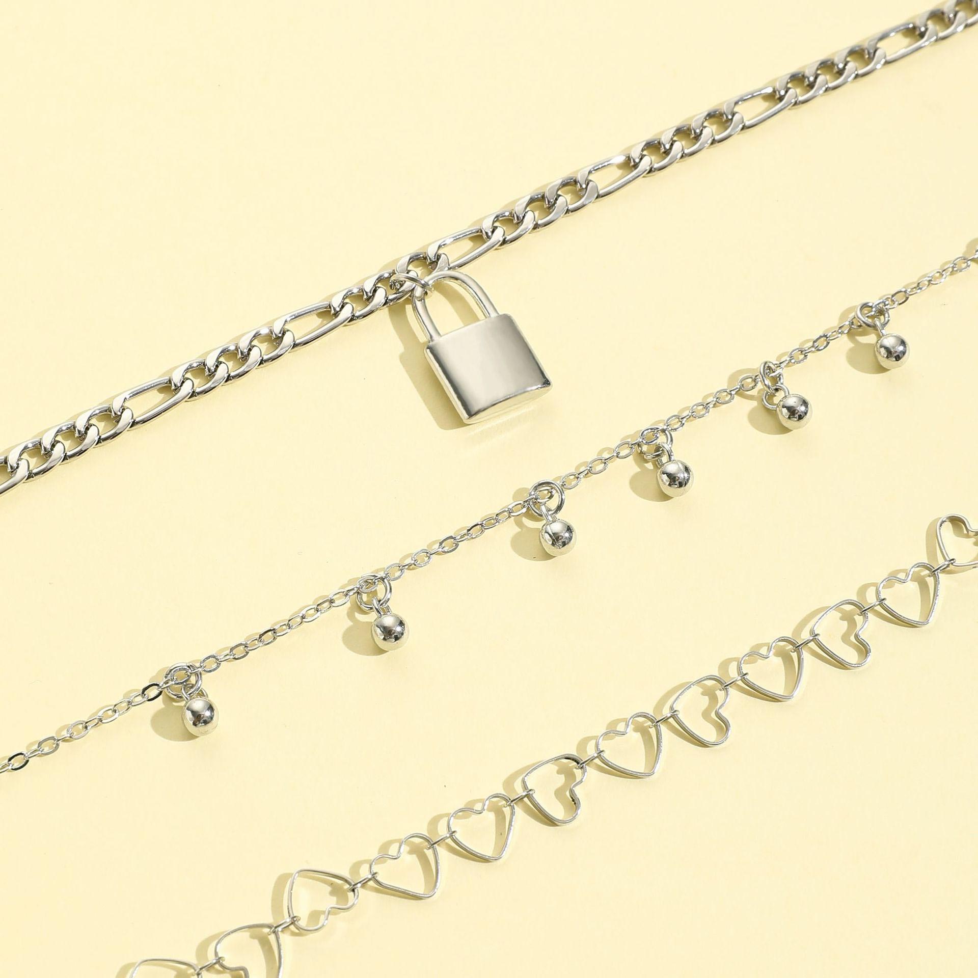 Silver jewelry,Heart jewelry,Geometric jewelry,Heart Geometric Pattern Silver Anklet Set