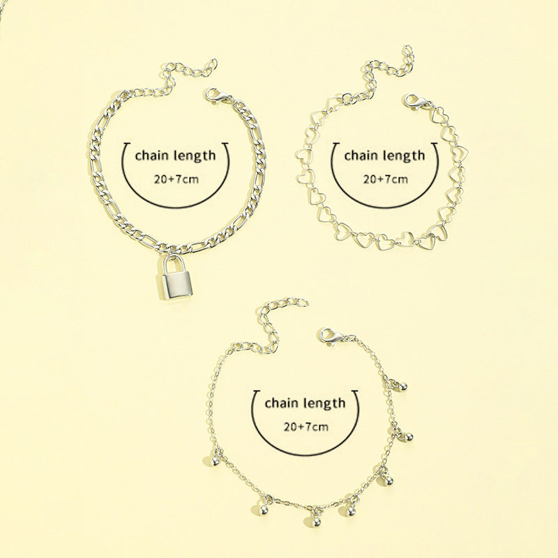 Silver jewelry,Heart jewelry,Geometric jewelry,Heart Geometric Pattern Silver Anklet Set