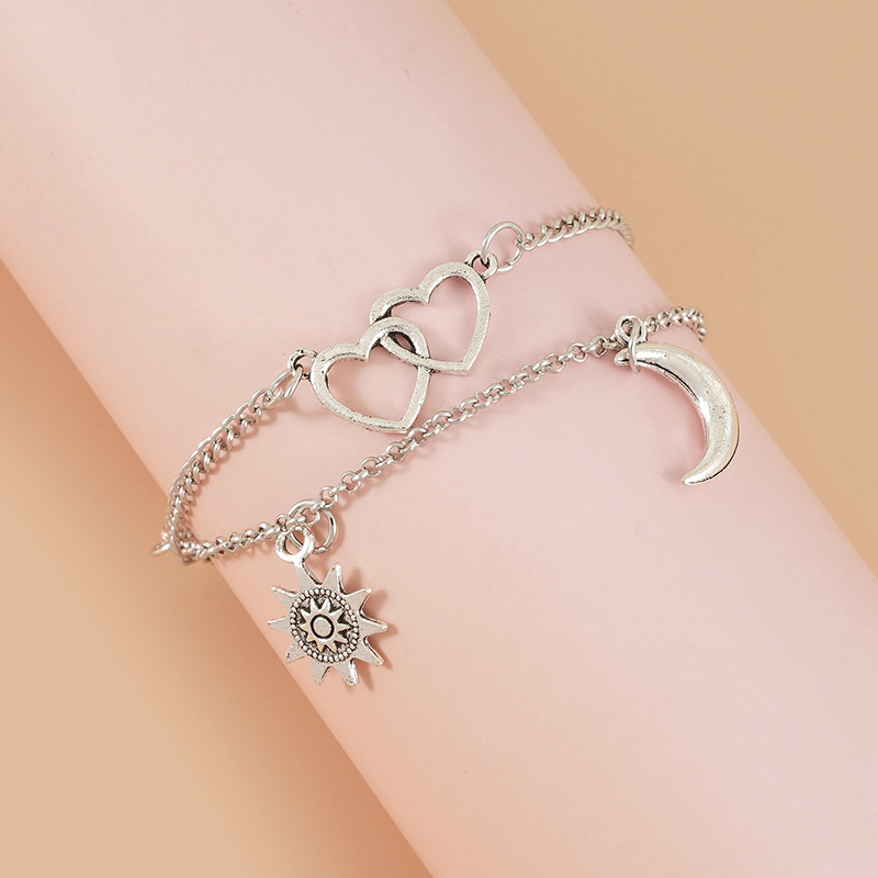 Silver jewelry,Galaxy jewelry,Heart jewelry,Heart Metal Detail Silver Anklet Set