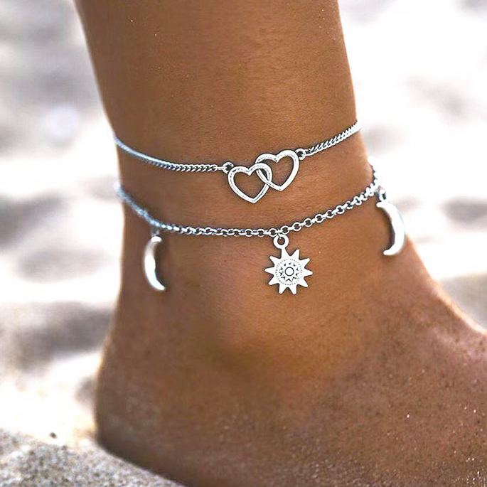 Silver jewelry,Galaxy jewelry,Heart jewelry,Heart Metal Detail Silver Anklet Set