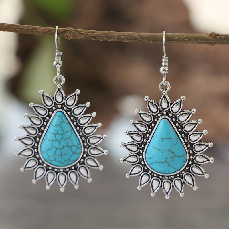 Turquoise jewelry,Contrast Color jewelry,Asymmetry Teardrop Turquoise Metal Design Earrings