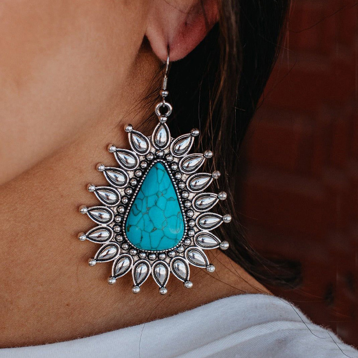 Turquoise jewelry,Contrast Color jewelry,Asymmetry Teardrop Turquoise Metal Design Earrings