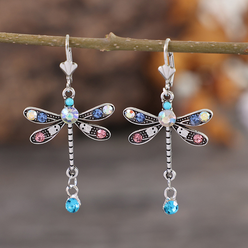 Dragonfly Design Rhinestone Multi Color Earrings