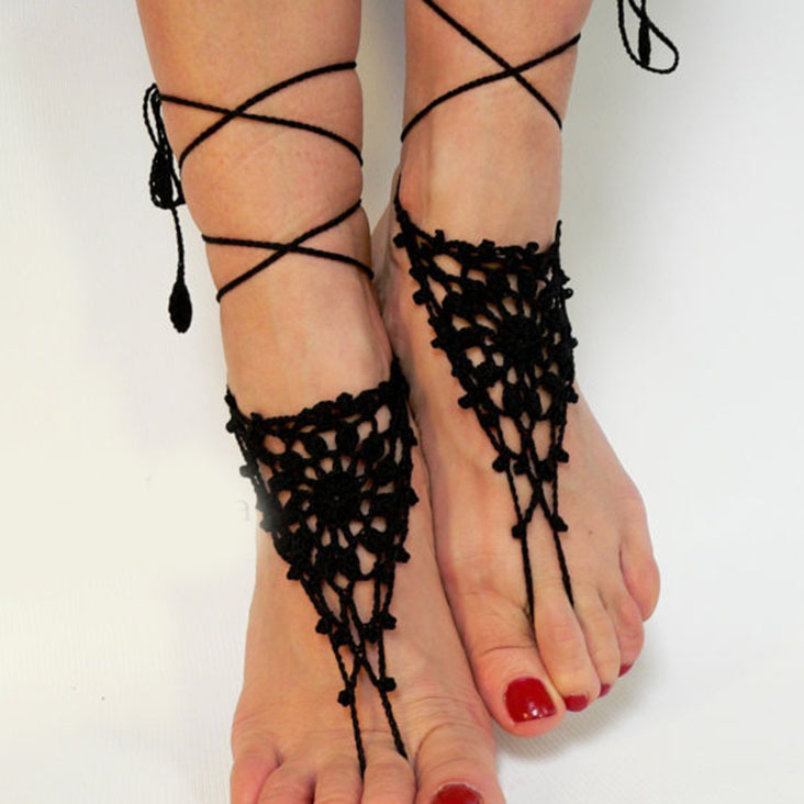 Triangle Lace Up Weave Black Anklet Set