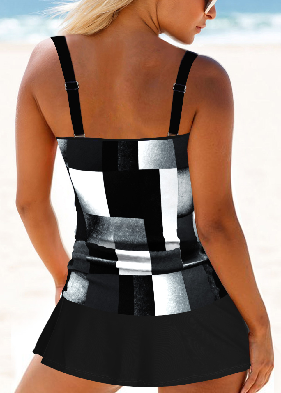 Black swimwear,White swimwear,Geometric swimwear,ROTITA Circular Ring Black Geometric Print Tankini Set