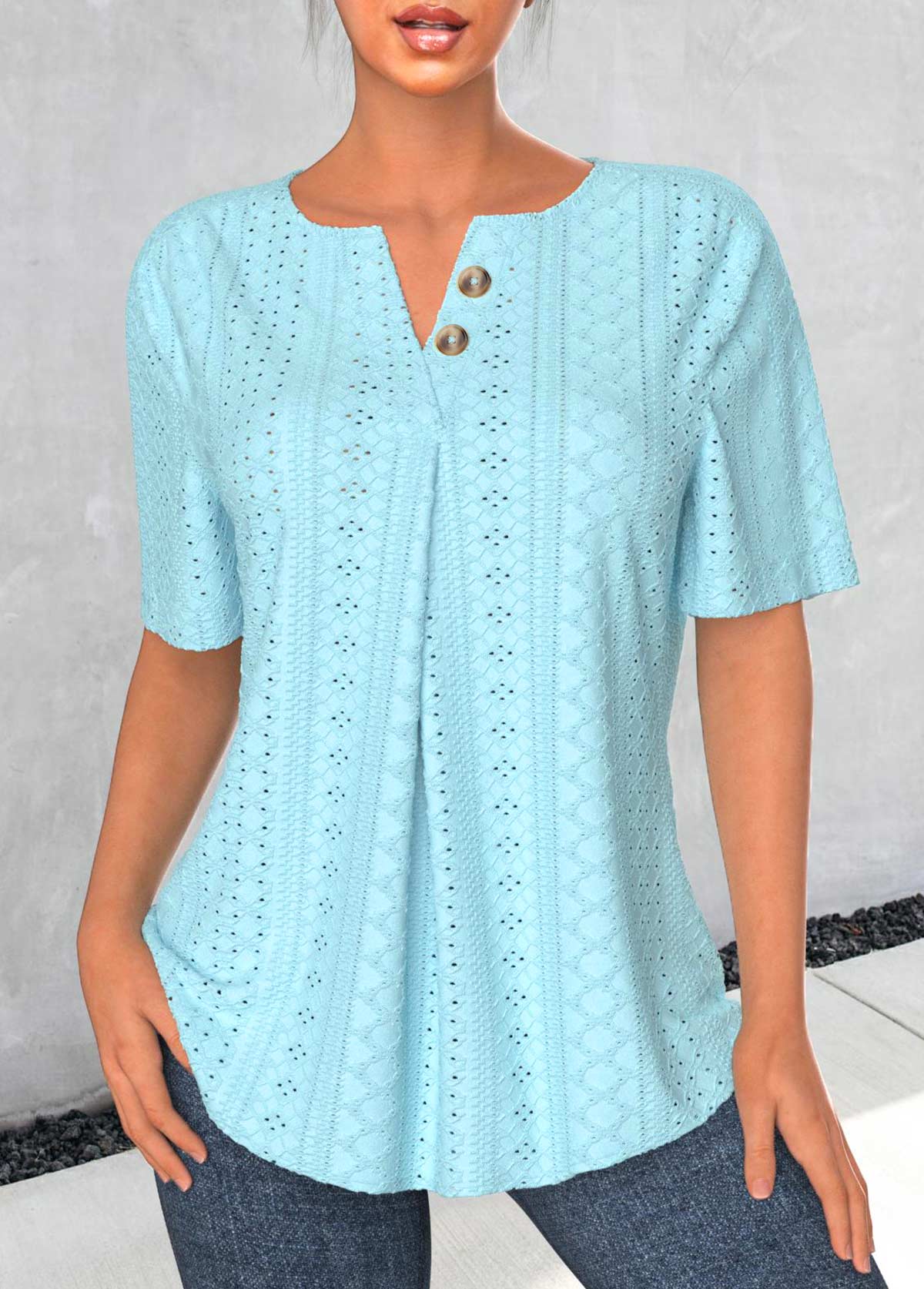 ROTITA Button Light Blue Split Neck Short Sleeve Blouse