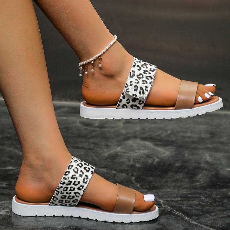 White accessories,Leopard accessories,Leopard White Falt Open Toe Sliders