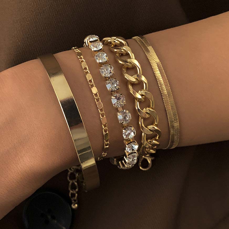 Chain Rhinestone Layered Design Gold Bracelet Set