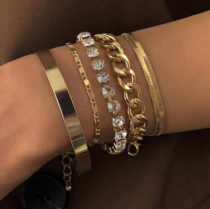 Gold jewelry,Other jewelry,Chain Rhinestone Layered Design Gold Bracelet Set