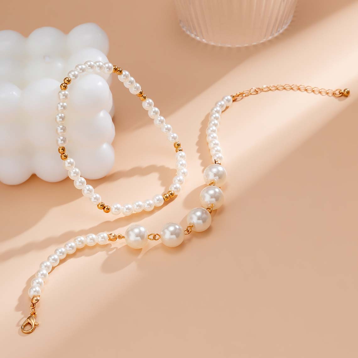 White jewelry,Other jewelry,Layered Design Pearl Detail White Anklet Set
