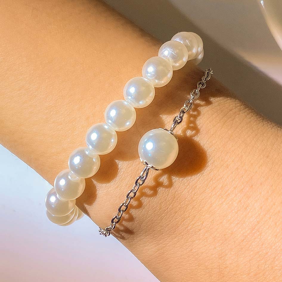 White jewelry,Geometric jewelry,White Pearl Detail Geometric Pattern Bracelet Set