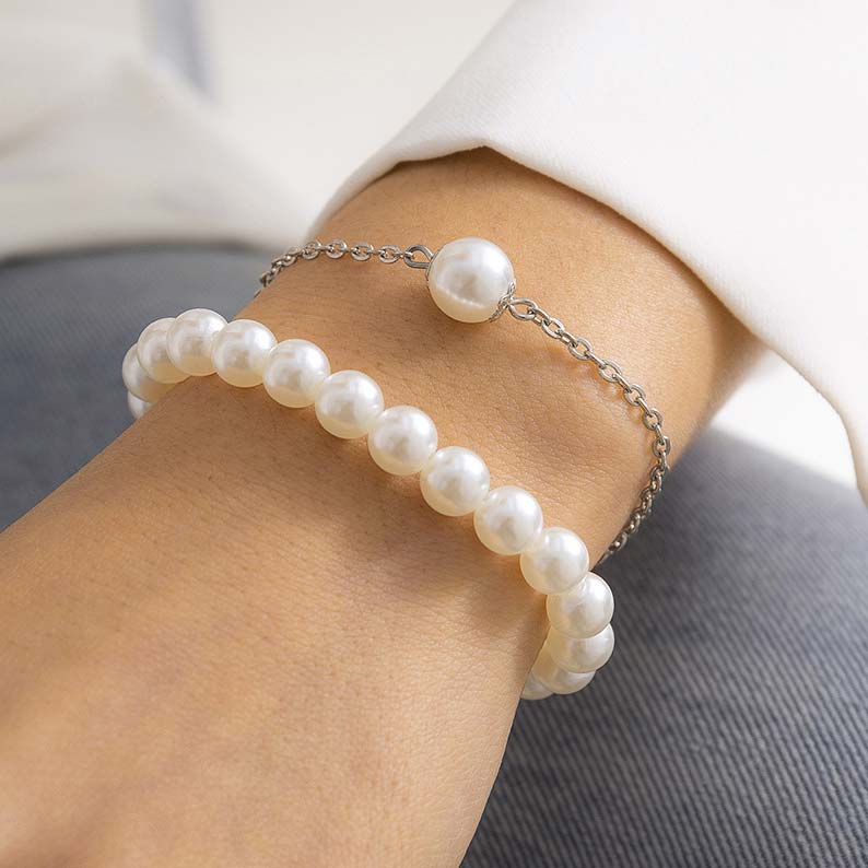 White jewelry,Geometric jewelry,White Pearl Detail Geometric Pattern Bracelet Set