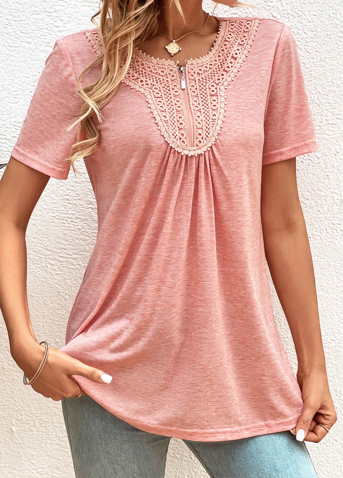 Pink plus size,Plain Color plus size,ROTITA Plus Size Zipper Pink Round Neck T Shirt