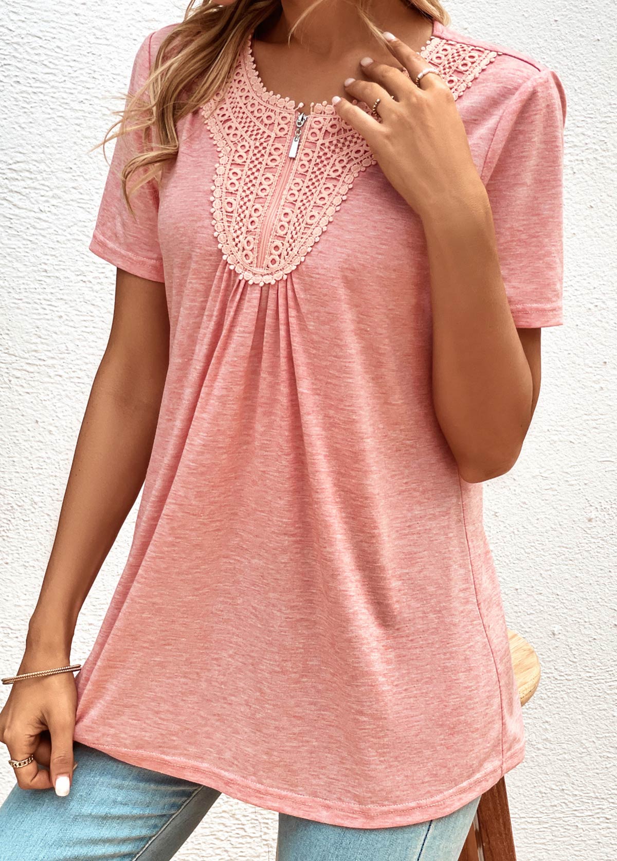 Pink plus size,Plain Color plus size,ROTITA Plus Size Zipper Pink Round Neck T Shirt