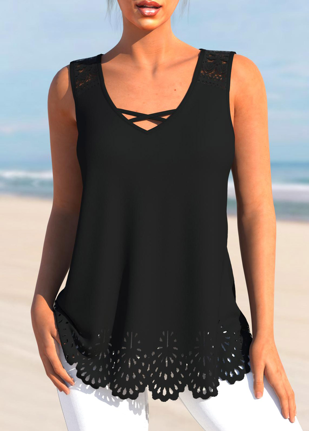 Black tops,Plain Color tops,ROTITA Burn Out Printing Black V Neck Tank Top