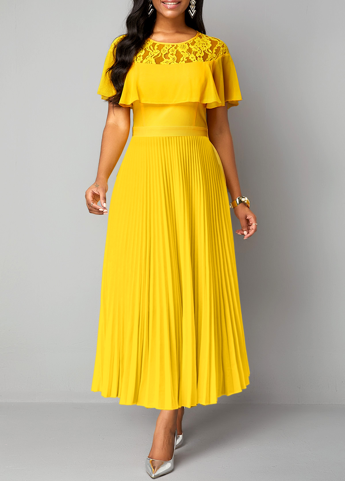 ROTITA Lace Yellow Round Neck Short Sleeve Maxi Dress
