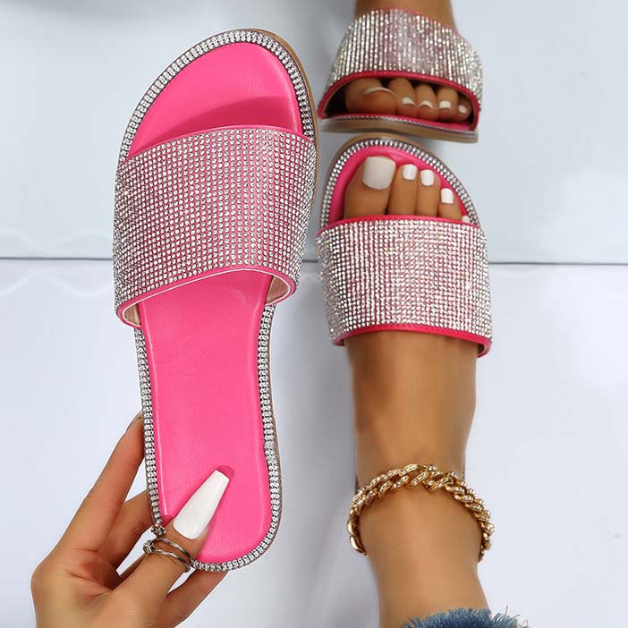 Pink accessories,Plain Color accessories,Pink Sepuins Falt Open Toe Slippers