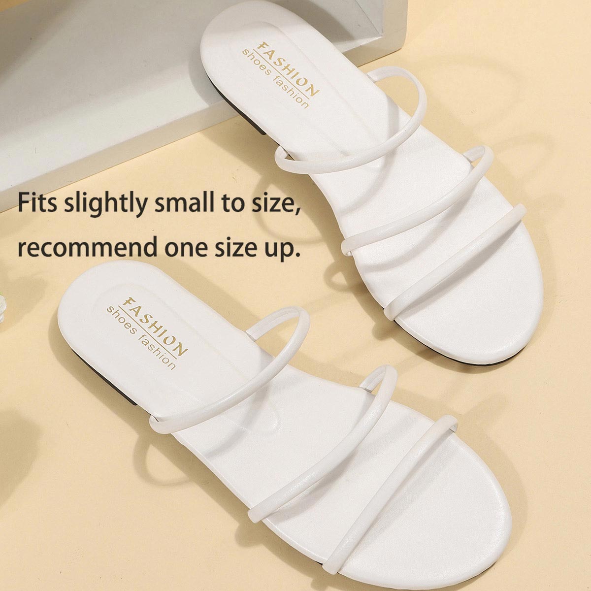 White accessories,Plain Color accessories,White Striped Falt Open Toe Sliders
