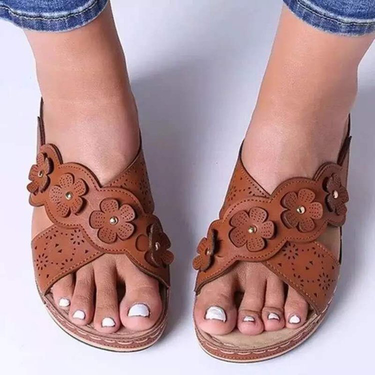 Dark Coffee shoes,Floral shoes,Plants shoes,Dark Coffee Mid Heel Open Toe Slippers