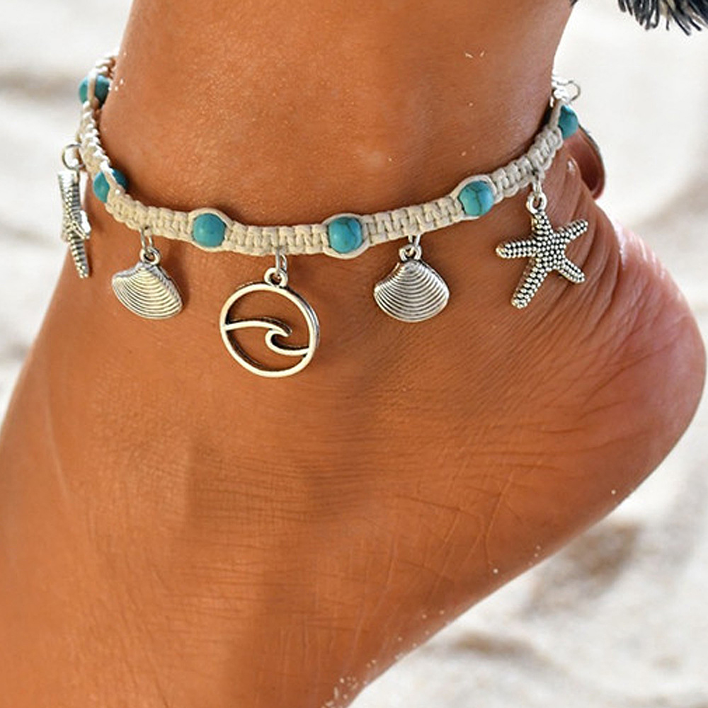Starfish and Shell Detail Silver Anklet