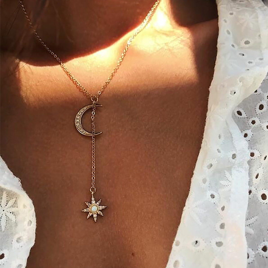 Alloy Moon and Star Design Golden Necklace