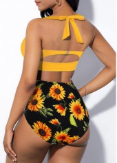 Ginger swimwear,Floral swimwear,ROTITA High Waist Halter Cutout Back Sunflower Print Bikini Set